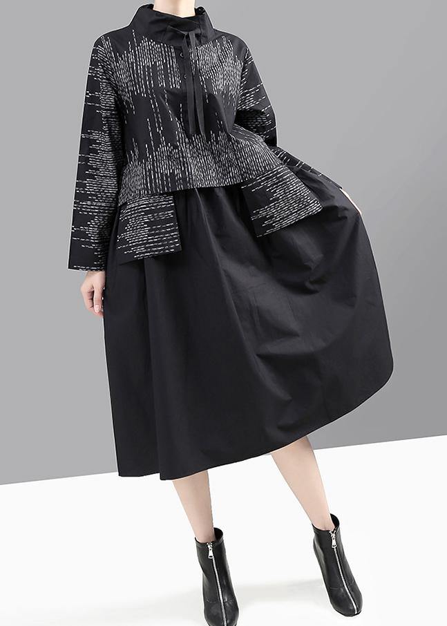 Modern false two pieces cotton patchwork quilting dresses Shirts gray prints Plus Size Dress