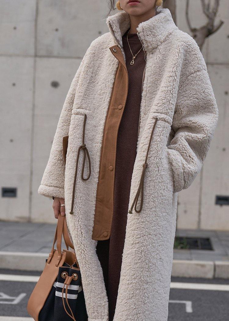 2021 nude Woolen Coats plus size winter coat high neck drawstring jackets