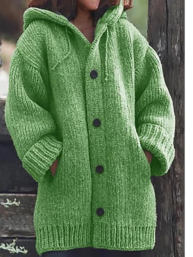 Knitted Button Casual Soft Long Sleeve Loose Sweater Cardigans Hooded Fall Winter Coat